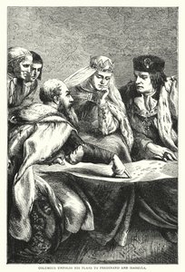 Columbus Unfolds His Plans to Ferdinand and Isabella (engraving) by English School