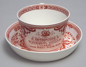 Commemorative Teacup and Saucer Reading A Memento of Preston Guild 1882, Minton, England, c.1882