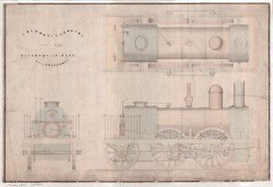 Construction drawing, 0-4-2 locomotive and tender by R. and W. Hawthorn and Co. for the Stanhope and Tyne Railway Co