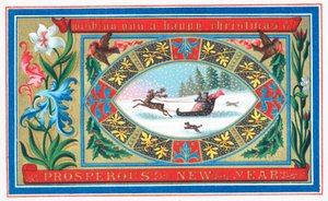 Couple sledging surrounded by flowers, Christmas Card