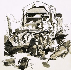 Cowboys Gathered Around a Chuck Wagon by English School