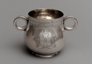 Cup with large belly and thick cast rim base, and a pair of ox-eye handles, 1675 by English School