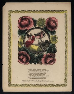 Cupid and woman in a garden surrounded by flowers, love poem by English School