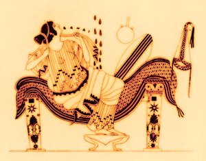 Danae and the golden shower, illustration from "Greek Vase Paintings" by J. E. Harrison and D. S. MacColl, published 1894