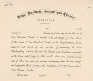 Debenture for the Royal Dramatic School and Theatre, 73 Dean Street, Soho Square, London