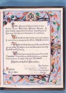Dedication from an address presented by Sheffield Football Association to William Pierce-Dix on the occasion of his retirement as Secretary, 1882 by English School