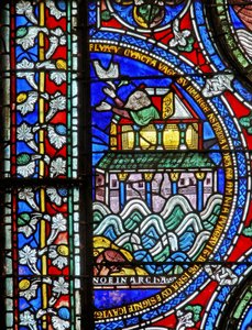 Detail from one of the Bible Windows depicting Noah welcoming the dove back at the ark by English School