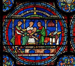 Detail from the Miracle Window depicting Robert of Cricklade at the tomb by English School