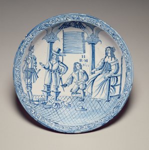 Dish with Queen Catherine seated having a shoe fitted by a kneeling Cavalier by English School