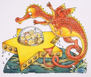 Dragon circling star-shaped spaceship by English School