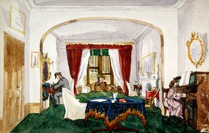 Drawing room interior, woman at piano, man in bowler hat writing, c.1850 by English School