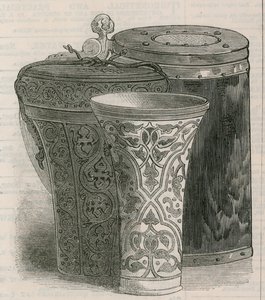Drinking vessels: The Luck of Eden Hall, with leather case for same, and a peg tankard of wood by English School