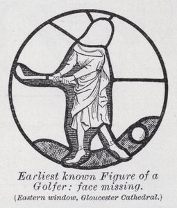 Earliest known figure of a golfer, face missing, Eastern window, Gloucester Cathedral