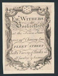 Edward Withers, Bookseller, Chancery Lane, Fleet Street, trade card by English School