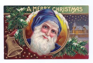 Edwardian Christmas Postcard of Father Christmas with Mistletoe and a Bell, c.1910 by English School