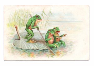 Edwardian Postcard of Two Frogs Sitting on a Water Lily Boat While a Third is Rowing, c.1910 by English School