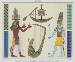 Egyptian, Early Egyptian Costume, Sailing Boat, and Harp by English School
