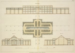 Elevations and ground plan of a glasshouse, from Hints on the Formation of Gardens and Pleasure Grounds by John Claudius Loudon published 1812 by English School