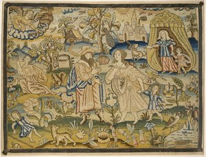 Embroidered picture: Abrahams dismissal of Hagar, mid-17th century