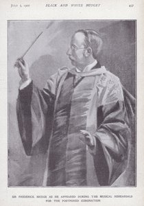 English composer, organist and conductor Sir Frederick Bridge rehearsing for the postponed coronation of King Edward VII