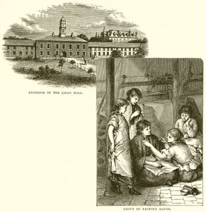 Exterior of the Linen Hall. Group of Factory Hands by English School