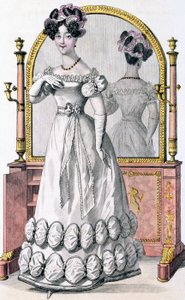 Fashion plate of a lady in evening dress, advertisement from 
