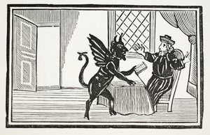 Faustus warned by the Spirit to expect his end, illustration from Chap-books of the Eighteenth Century by John Ashton, pub. 1882 by English School