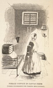 Female convict in canvas dress (under punishment for tearing her clothes), illustration from The Criminal Prisons of London and Scenes from Prison Life by Henry Mayhew and John Binny, pub. 1862 by English School