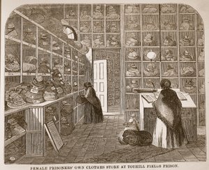 Female prisoners own clothes store at Tothill Fields Prison, illustration from The Criminal Prisons of London and Scenes from Prison Life by Henry Mayhew and John Binny, pub. 1862 by English School