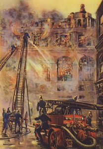 Firemen Fighting a Blaze at a Large Hotel by English School