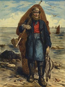 Fisherman carrying his nets, and holding his catch of fish