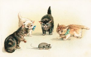 Four Kittens Playing with a Clockwork Mouse