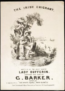 Front cover of music score for The Irish Immigrant, written by Lady Dufferin, composed by G. Barker