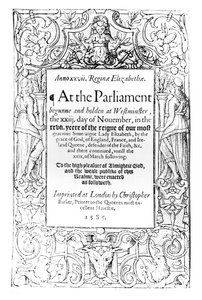 Frontispiece to an account of the Parliament of Queen Elizabeth held between 23 November 1584 and 24 March 1585, printed by Christopher Barker, 1585 by English School