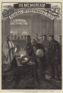 Funeral of the Princess Alice, the Prince of Wales and Prince Leopold placing Wreaths on the Coffin in the Family Mausoleum at Rosenhohe