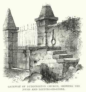 Gateway of Duddingston Church, showing the Jougs and Louping-on-Stone