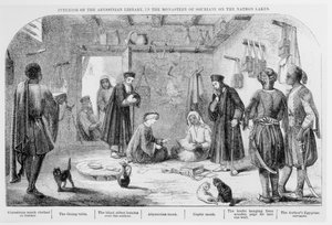 George Curzon inspecting books at the Abyssinian library in the monastery of Souriani, from Visits to Monasteries in the Levant, published 1849
