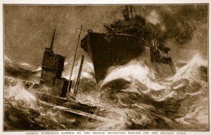 German Submarine Rammed by the British Destroyer Badger off the Belgian Coast by English School