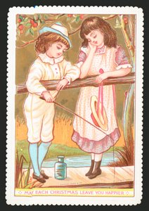 Girl and Boy Fishing with Rod by English School
