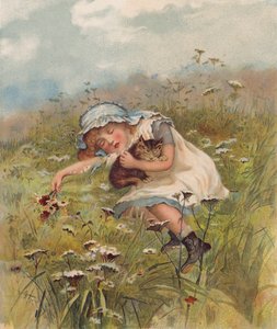 Girl and a Cat Asleep in a Field by English School