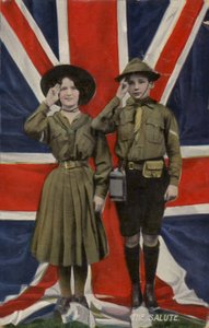 Girl Guide and Boy Scout Saluting in Front of the Union Flag
