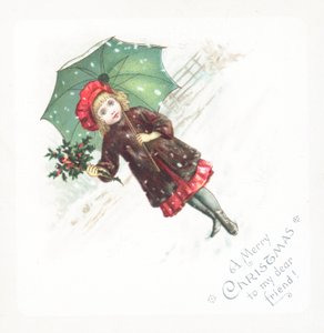 Girl holding umbrella and holly in the snow by English School