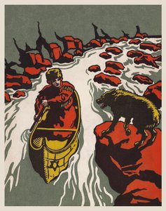 Girl in a Canoe Menaced by a Wolf by English School