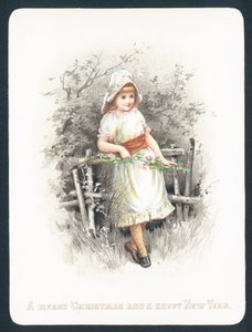Girl leaning on fence holding spray of flowers by English School