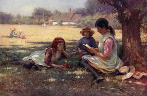 Girl reading a fairy tale to other children