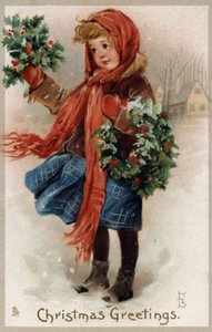 Girl selling holly and Christmas wreaths