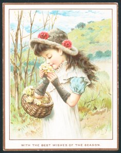 Girl smelling flowers from basket