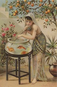 Girl Teasing Goldfish with Peacock Feather by English School