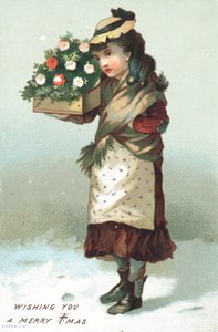 Girl walking in the snow carrying box of flowers by English School