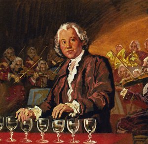 Gluck appeared in London at a concerto playing 26 water-filled glasses by English School
